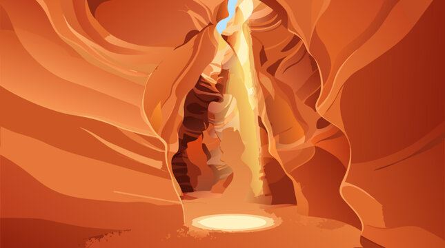 Sunlight beams breaking into a deep narrow red rock slot canyon. Antelope canyon interior, magnificent nature vector scene.