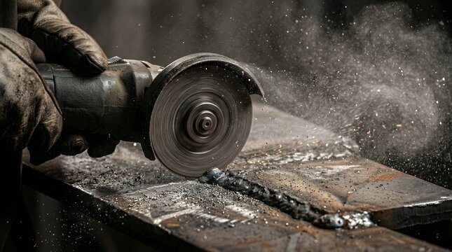 Close up view of a welder gloved hands using an electric angle grinder on steel.