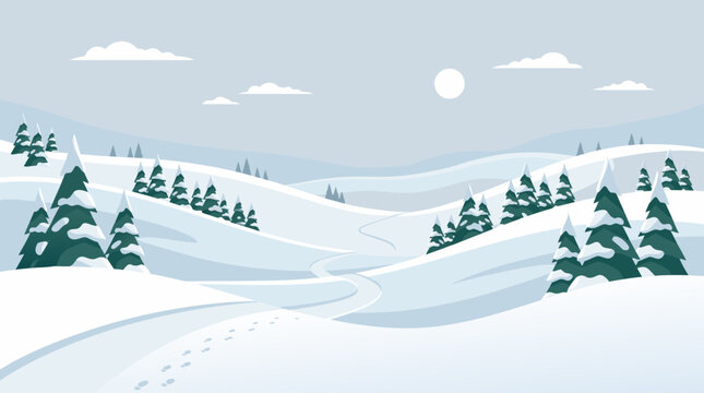 Vast snowy winter landscape with soft rolling hills and distant trees. Silent arctic white wilderness, seasonal vector view.