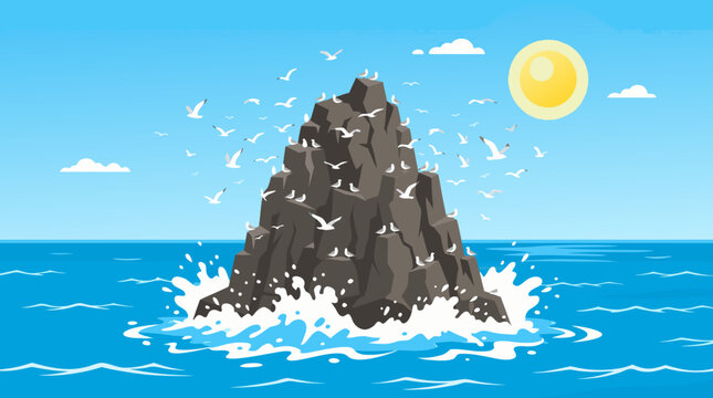 Solitary dark rocky island in deep blue ocean water under bright sun. Minimalist sea stack cliff, marine nature vector background.