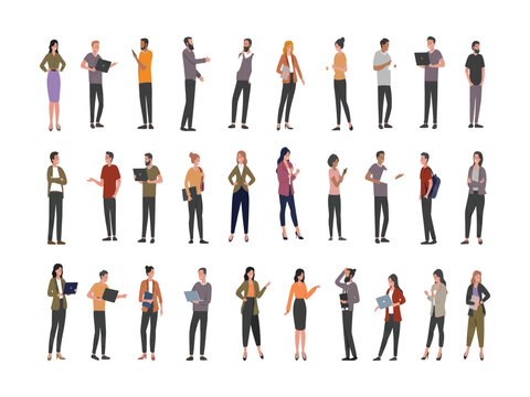 Diverse group of people standing in various poses with laptops and phones  business casual attire