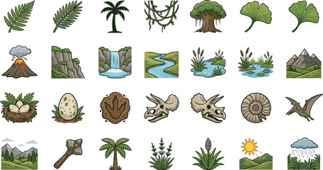 Prehistoric landscape and dinosaur elements vector icon set featuring jungle plants mountains volcano waterfall fossils eggs and stone tools © nice