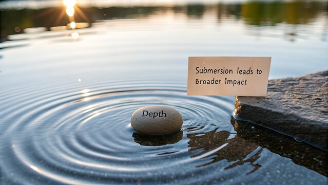 Stone with 'Depth' inscribed in water creating ripples, next to a message of 'Submersion leads Broader Impact'