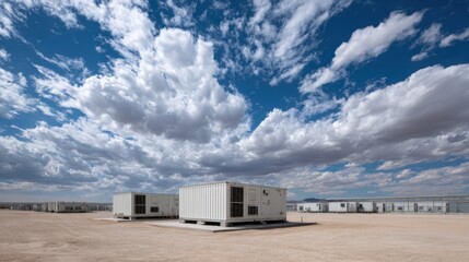 Obraz premium Industrial shipping containers positioned on a vast desert landscape under a dramatic sky filled with clouds, showcasing a remote construction site environment