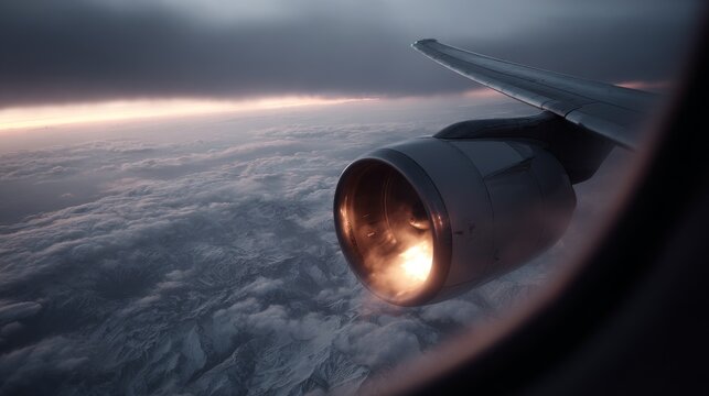 wing of an airplane with a burning engine and black smoke in the sky, view from plane window