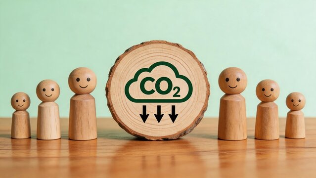 Wooden peg people family standing around wood slice with CO2 cloud symbol and down arrows, representing carbon footprint reduction, eco-friendly lifestyle, climate change