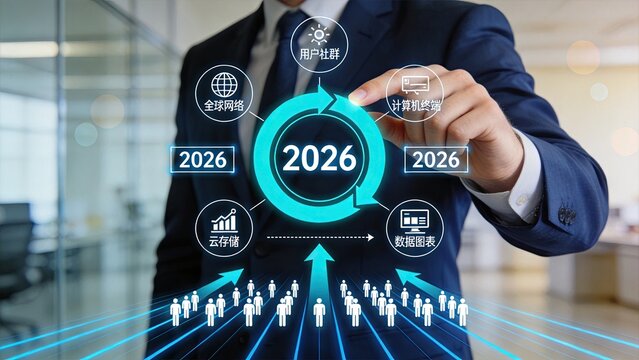 Businessman touching futuristic hologram screen showing year 2026, global network icons, user community, cloud storage, data charts, computer terminal, strategic planning,