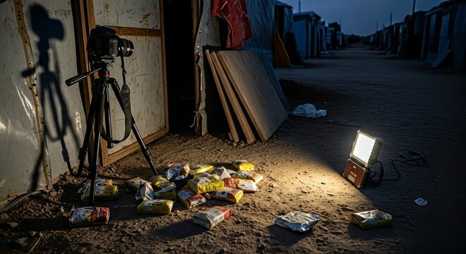 Illicit contraband packages illuminated at night by floodlight, with camera on tripod documenting seizure.