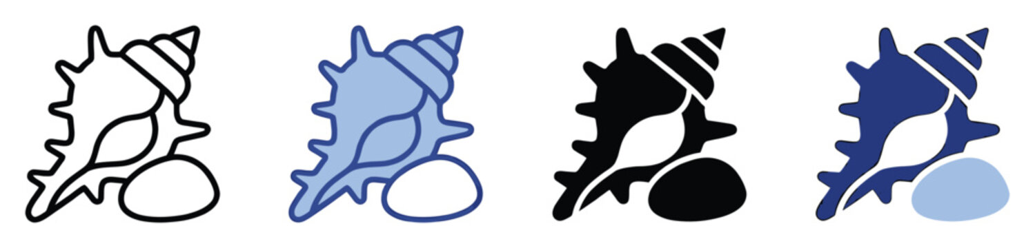 Versatile set of conch shell and smooth rock icons in outline and silhouette styles ideal for