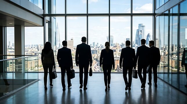 Team of business professionals walking into a modern office building