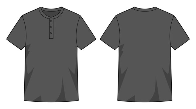 Blank dark gray henley t-shirt with button placket template. Front and back views. Vector illustration.