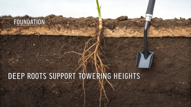 Intricate Plant Roots Anchoring in Rich Soil, Supporting Towering Heights Above Ground