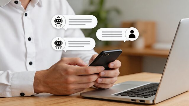 Customer support chatbot messaging conversation on smartphone with robot icons and text bubbles, automated service and help desk concept