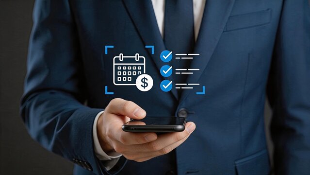 Businessman in suit holding smartphone with payment calendar and checklist icons, bill due date reminder, financial planning schedule, money transfer confirmation, banking app