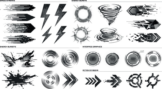 Futuristic Glitch Effect Elements Collection with Cyberpunk Arrows Explosions Lightning and Digital Distortion Vector Design Set