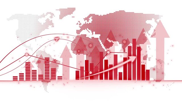2026 Digital financial growth chart animation, Financial growth graphic with bar charts, upward arrows and glowing lines over a dotted world map