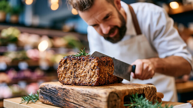 Skilled vegan butcher trimming seitan roast with professional cleaver on reclaimed wood block, white apron, focused expression, plant-based deli case behind, ideal for plant-based food, culinary cra