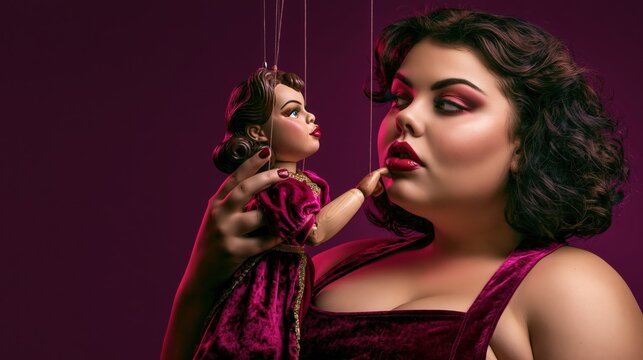 Dramatic conceptual portrait of a plus size woman in a velvet dress holding and interacting with a classic vintage marionette puppet