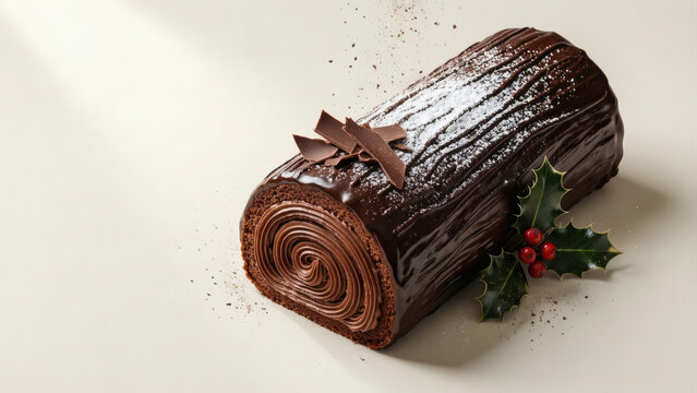 D&eacute;licieux g&acirc;teau b&ucirc;che de No&euml;l au chocolat, &eacute;galement appel&eacute; b&ucirc;che de No&euml;l, d&eacute;cor&eacute; de copeaux de chocolat, de sucre glace et de baies de houx, dessert de No&euml;l festif