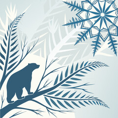 Silhouette of a bear on a branch under snowflakes with brown bear cub bear market © Motu