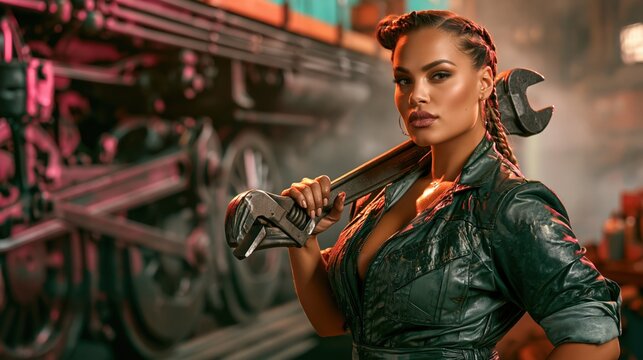 Powerful portrait of a strong female locomotive mechanic carrying a large heavy wrench on her shoulder in front of a vintage train