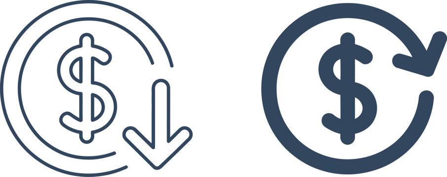 Cost reduction icon vector, dollar decrease sign and cost saving symbol for financial management business efficiency and profit control concept.