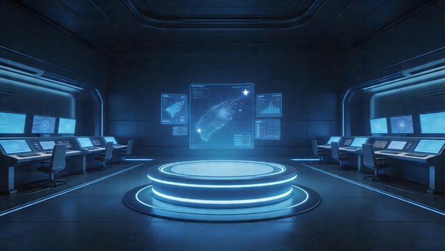 Futuristic control room with holographic display