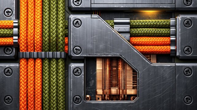 Industrial close up of neat cable management with braided green and orange wires on metal chassis