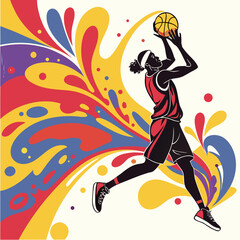 Basketball player dunking with colorful abstract splash background slam dunk flat design © Motu