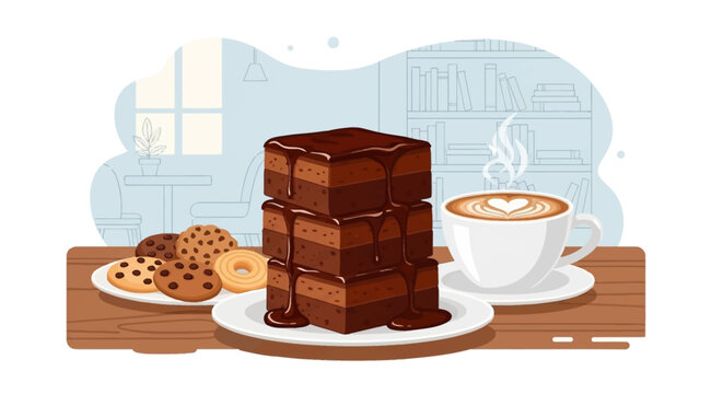 A stack of rich chocolate brownies drizzled with chocolate sauce, served with cookies and a steaming cup of coffee.