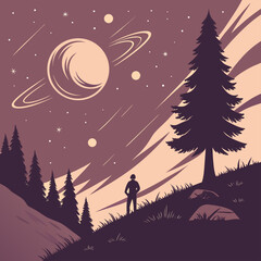 Man silhouetted looking at ringed planet and starry night sky with alien world sci fi universe © Motu