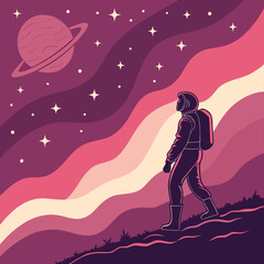 Astronaut walking towards swirling nebula and ringed planet with outer space, science fiction © Motu