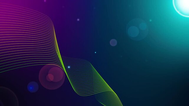 Neon wave lines on dark gradient background animation, Abstract neon wave lines on dark gradient background with lens flares