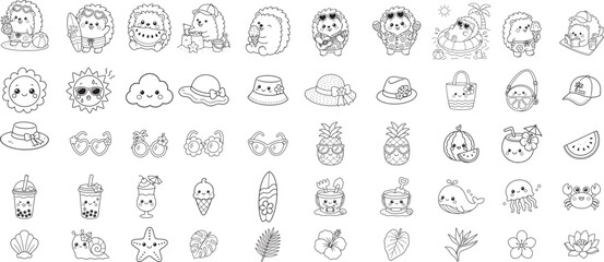 Obraz premium Cute Kawaii Hedgehog Summer Elements Collection Hand Drawn Vector Set