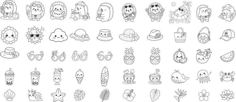 Cute Kawaii Hedgehog Summer Elements Collection Hand Drawn Vector Set