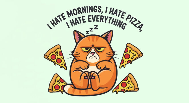 A grumpy orange cat hates mornings, pizza, and everything, depicted with "zzz" and pizza slices around it.