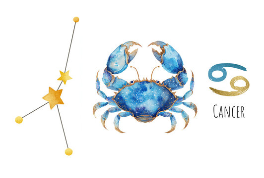 Watercolor Cancer zodiac sign and Star Constellation