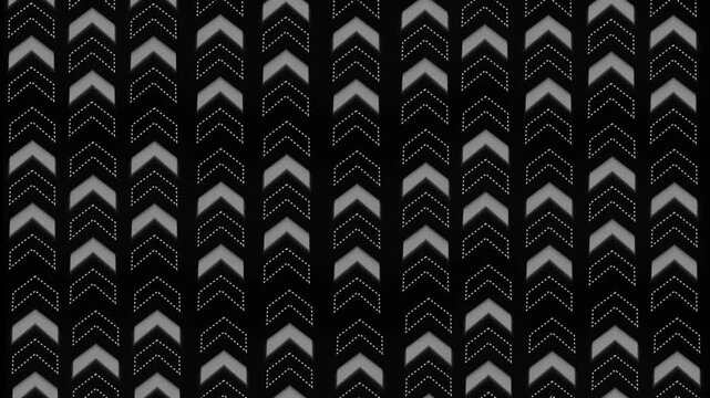 Repeating chevron pattern with dotted outlines background animation, vertical columns of arrows high contrast geometric texture