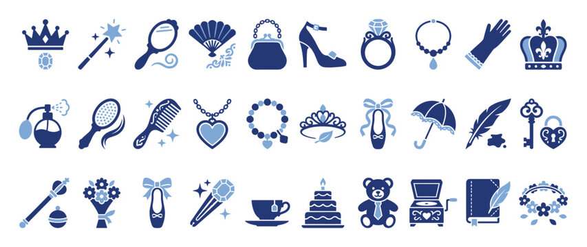 Set of princess and fairy tale icon elements for various royal themed graphic projects