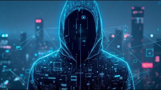 Hacker are planning to hack and attack networks and cyber security systems and stands on the peak of success amid tall, innovative Smart city and graphs with statistics to analyze business potential
