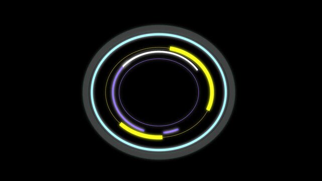 Futuristic circular interface hud loading animation loop with vibrant glowing neon rings spinning in clockwise direction isolated on black background for digital motion graphics or technological softw