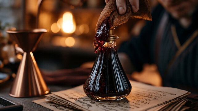 Artisan pouring aged raspberry vinegar through cheesecloth into dark glass bottle, copper funnel, handwritten labels on kraft paper, warm golden backlight, ideal for artisan vinegar, small batch cra