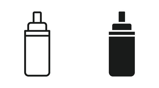 Vape bottle vector icon isolated on white. Black and white outline line art and solid glyph silhouette.