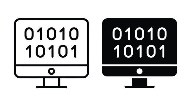 Binary code on computer monitor vector icon isolated on white Black and white outline line art and solid glyph silhouette