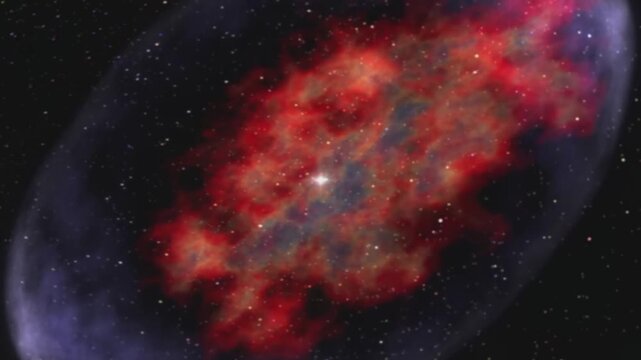 Powerful supernova explosion in deep space. Spectacular celestial expansion of a dying star creating a colorful nebular cloud of red and orange gas with a glowing core.