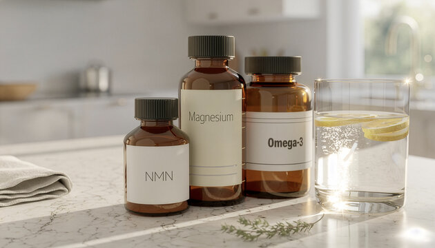 Dietary supplement bottles resting on a quartz kitchen counter beside a glass of sparkling lemon water in bright sunlight. Close-up