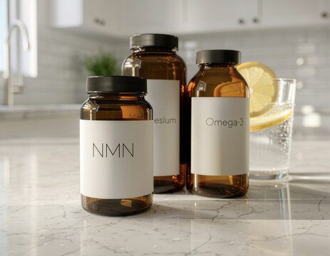 Supplement bottles standing on a modern marble kitchen counter next to sparkling lemon water in morning sunlight. Close-up.