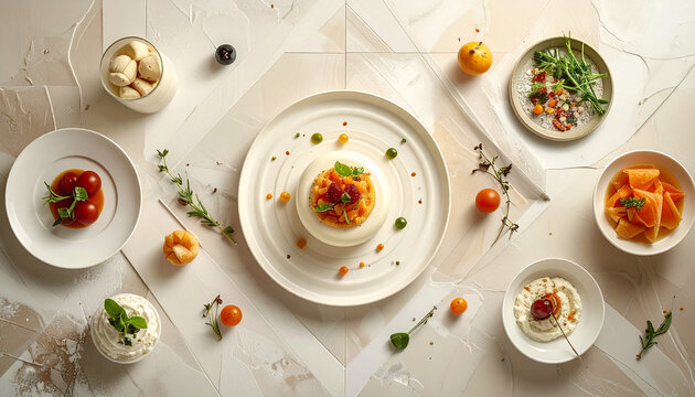 Een presentatie van gastronomische gerechten op een tafel.