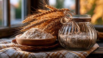 Fototapeta premium Heirloom Red Fife wheat sheaves bundled beside freshly milled flour and rustic levain culture in glass jar, farmhouse windowsill, soft diffused summer morning light, ideal for heritage grain farming