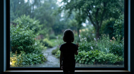 Fototapeta premium Pensive child silhouette looking through a rain-streaked window at a lush green garden on a gloomy day, evoking feelings of melancholy and quiet reflection.
